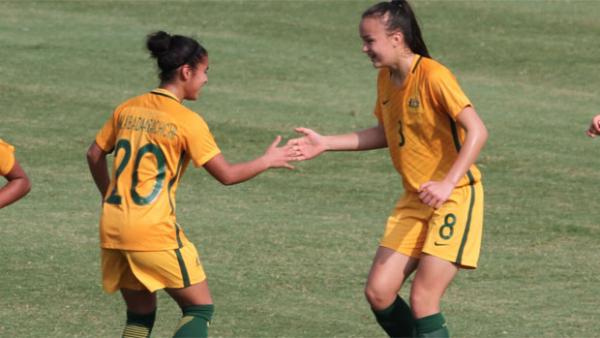 Mini Matildas youngster Amy Sayer (right) Image: Cath Riddel.