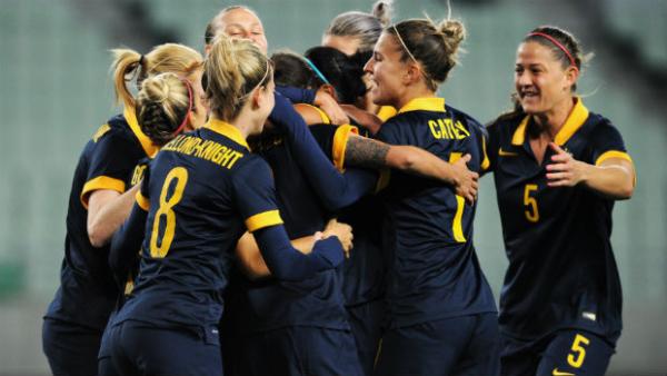 The Westfield Matildas celebrate opening the scoring against Korea Republic.