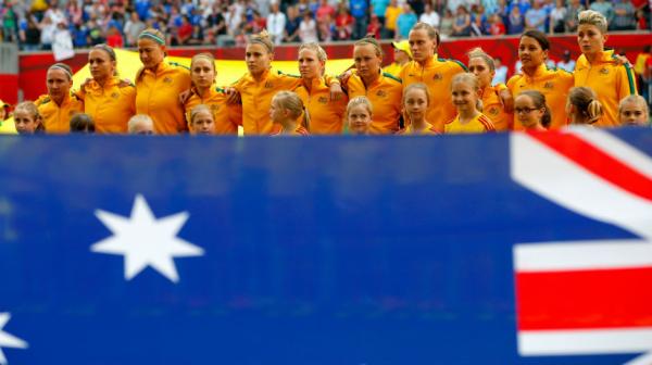 The Matildas belt out the Australian national anthem at Winnipeg Stadium.