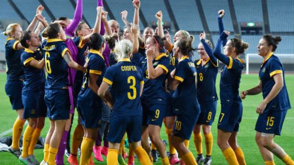 The Westfield Matildas celebrate qualifying for the 2016 Rio Olympics.