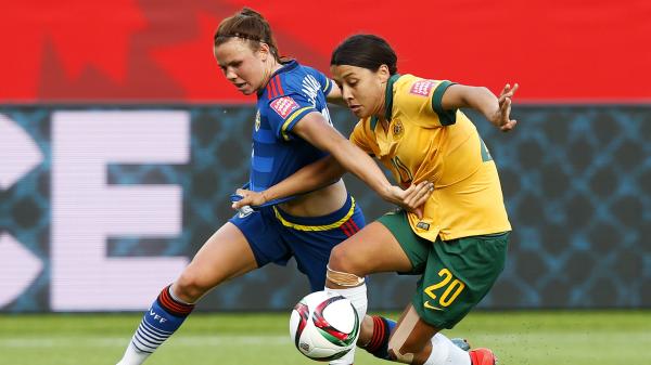 Westfield Matildas forward Sam Kerr at the 2015 FIFA Women's World Cup against Sweden's Jessica Samuelsson