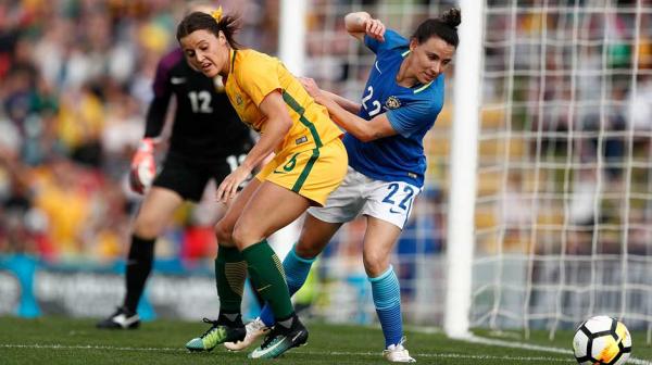 Westfield Matildas defender Hayley Raso fights for possession.