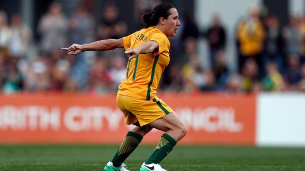 Lisa De Vanna celebrates after scoring against Brazil on Saturday afternoon.
