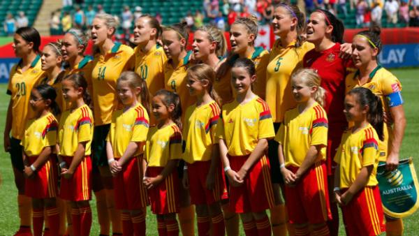 The Westfield Matildas before kick-off in their World Cup quarter final against Japan.