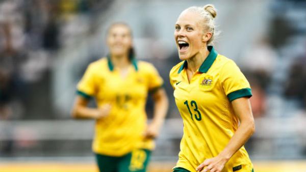 Tameka Butt celebrates her goal for Australia against China.