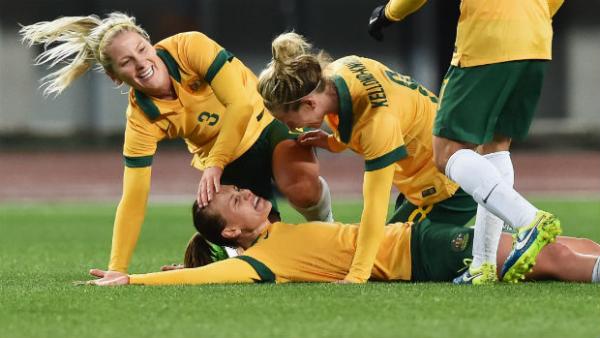 The Westfeild Matildas celebrate Emily van Egmond's late equaliser against China.