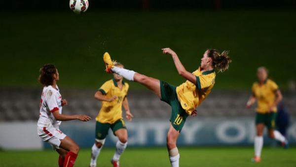 Emily van Egmond brings the ball under control against Vietnam.