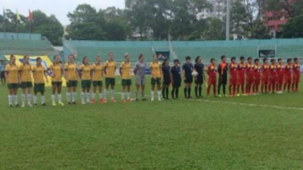 The Young Matildas and senior Myanmar side before kick-off.