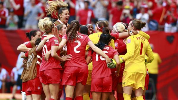 Canada celebrate their World Cup win over Switzerland.