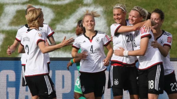 Germany's Alexandra Popp celebrates scoring against the Ivory Coast with teammates.