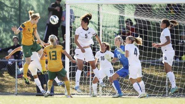 Clare Polkinghorne finds the back of the net against the football Ferns in June 2013