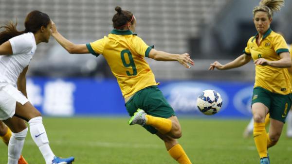 Westfield Matildas defender Caitlin Foord clear the ball against England.