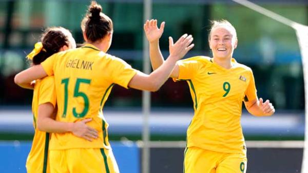 Westfield Matildas star Caitlin Foord celebrates a goal during the Algarve Cup.