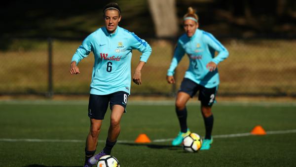Midfielder Chloe Logarzo in training with the Westfield Matildas ahead of Brazil clash.