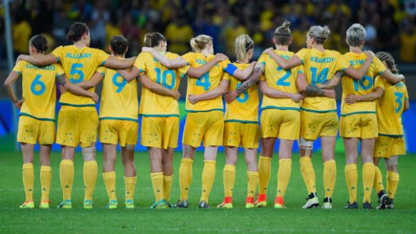 The Australian Women's Football Team ahead of their penalty shoot-out against Brazil.