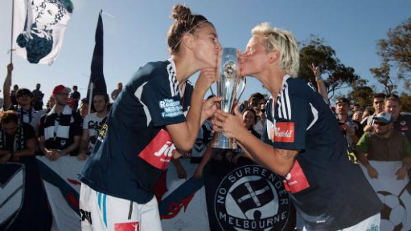 Stephanie Catley and Jessica Fishlock celebrate Melbourne Victory's Westfield W-League Championship.