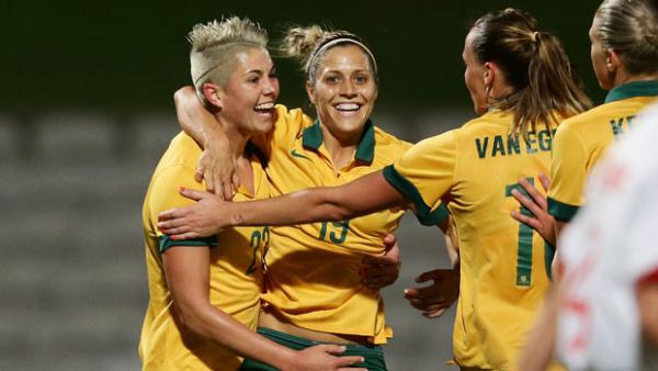 Michelle Heyman (L) celebrates with teammates after scoring against Vietnam.