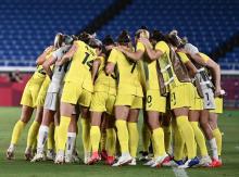 Players of Team Australia line up during the match between Australia and Sweden on day ten of the Tokyo 2020 Olympic Games at International Stadium Yokohama on August 02, 2021 in Yokohama, Kanagawa, Japan. (Photo by Zhizhao Wu/Getty Images)