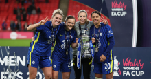Sam Kerr lifts the Women's FA Cup trophy; scoring twice at Wembley in front of a massive crowd