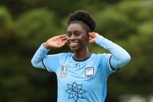NEWCASTLE, AUSTRALIA - JANUARY 07: Princess Ibini celebrates her goal during the round nine A-League Women's match between Newcastle Jets and Sydney FC at No. 2 Sports Ground, on January 07, 2023, in Newcastle, Australia. (Photo by Ashley Feder/Getty Images)