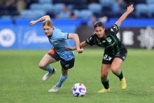 SYDNEY, AUSTRALIA - APRIL 16: Cortnee Vine of Sydney FC and Angela Beard of Western United contest the ball during the A-League Women's Semi Final match between Sydney FC and Western United at Allianz Stadium, on April 16, 2023, in Sydney, Australia. (Photo by Tim Allsop/Getty Images)