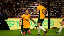 Sam Kerr celebrating her goal for Australia against England in London. (Photo: Rachel Bach/By The White Line)
