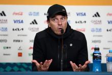 BRISBANE, AUSTRALIA - JULY 27: Tony Gustavsson, Head Coach of Australia, speaks to the media in the post match press conference after the FIFA Women's World Cup Australia & New Zealand 2023 Group B match between Australia and Nigeria at Brisbane Stadium on July 27, 2023 in Brisbane / Meaanjin, Australia. (Photo by Chris Hyde - FIFA/FIFA via Getty Images)