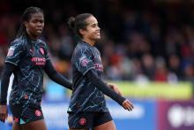 Brighton and Hove Albion v Manchester United, ManU - Adobe Women s FA Cup - Quarter Final - Broadfield Stadium Manchester City s Mary Fowler (right) celebrates scoring their side s second goal of the game during the Adobe Women s FA Cup quarter-final match at Broadfield Stadium, Brighton and Hove.