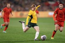 ADELAIDE, AUSTRALIA - MAY 31: Cortnee Vine of Australia kicks the ball during the international friendly match between Australia Matildas and China PR at Adelaide Oval on May 31, 2024 in Adelaide, Australia. (Photo by Cameron Spencer/Getty Images)