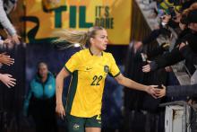 ADELAIDE, AUSTRALIA - MAY 31: Charlotte Grant of Australia greets fans during the international friendly match between Australia Matildas and China PR at Adelaide Oval on May 31, 2024 in Adelaide, Australia. (Photo by Cameron Spencer/Getty Images)