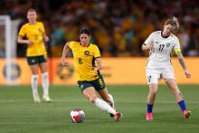 Kyra Cooney-Cross of Australia controls the ball during the AFC Women's Olympic Football Tournament Paris 2024 Asian Qualifier Round 3 match between Australia Matildas and Uzbekistan at Marvel Stadium on February 28, 2024 in Melbourne, Australia. (Photo by Darrian Traynor/Getty Images)
