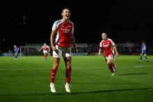  Caitlin Foord of Arsenal celebrates scoring her team's fourth goal during the UEFA Women's Champions League 2024/25 First Round Mini-Tournament match between Arsenal FC and Rangers FC at Meadow Park on September 04, 2024 in Borehamwood, England. (Photo by Justin Setterfield/Getty Images)
