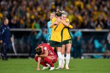 Ellie Carpenter of Australia and Steph Catley of Australia celebrate winning the Women s World Cup round of 16 football match between the Australia Matildas and Denmark at Stadium Australia on August 07, 2023 in Sydney, Australia. (Photo by Steven Markham Icon Sportswire) SOCCER: AUG 07 Women s World Cup Rd 16 - Australia v Denmark