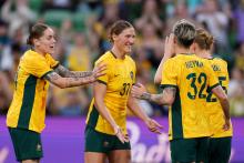 MELBOURNE, AUSTRALIA - DECEMBER 04: Natasha Prior of Australia celebrates with team mates after scoring a goal during the International Friendly match between Australia Matildas and Chinese Taipei at AAMI Park on December 04, 2024 in Melbourne, Australia. (Photo by Daniel Pockett/Getty Images)