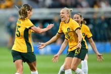 GEELONG, AUSTRALIA - DECEMBER 07: Leah Davidson of Australia celebrates with Tameka Yallop of Australia after scoring a goal during the International Friendly Match between the Australia Matildas and Chinese Taipei at GMHBA Stadium on December 07, 2024 in Geelong, Australia. (Photo by Quinn Rooney/Getty Images)