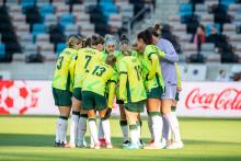 CommBank Matildas in huddle before match against Japan. Photo: Trask Smith