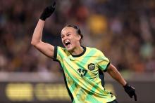 CANBERRA, AUSTRALIA - JUNE 02: Amy Sayer of Australia celebrates scoring a goal during the International Friendly match between Australia Matildas and Argentina at GIO Stadium on June 02, 2025 in Canberra, Australia. (Photo by Matt King/Getty Images)
