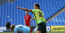 CARDIFF, WALES - OCTOBER 25: Sam Kerr of Australia celebrates after Courtney Nevin (not pictured) scored the team's first goal during the Women's international friendly between Wales and Australia at Cardiff City Stadium on October 25, 2025 in Cardiff, Wales. (Photo by Harry Murphy/Getty Images)