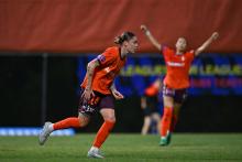 BRISBANE, AUSTRALIA - NOVEMBER 01: Sharn Freier of Brisbane celebrates scoring a goal during the round one A-League Women match between Brisbane Roar and Melbourne Victory at Spencer Park, on November 01, 2025, in Brisbane, Australia. (Photo by Albert Perez/Getty Images)