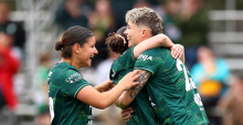 CANBERRA, AUSTRALIA - NOVEMBER 22: Michelle Heyman of Canberra United celebrates scoring a goal with team mates during the round four A-League Women match between Canberra United and Perth Glory at McKellar Park, on November 22, 2025, in Canberra, Australia. (Photo by Mark Nolan/Getty Images)