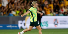 GOSFORD, AUSTRALIA - NOVEMBER 28: Kyra Cooney-Cross of the Matildas celebrates scoring a goal during the International Friendly match between Australia Matildas and New Zealand Football Ferns at Polytec Stadium on November 28, 2025 in Gosford, Australia. (Photo by Darrian Traynor/Getty Images)