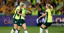 GOSFORD, AUSTRALIA - NOVEMBER 28: Ellie Carpenter of the Matildas celebrates scoring a goal during the International Friendly match between Australia Matildas and New Zealand Football Ferns at Polytec Stadium on November 28, 2025 in Gosford, Australia. (Photo by Darrian Traynor/Getty Images)