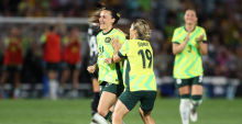 GOSFORD, AUSTRALIA - NOVEMBER 28: Hayley Raso of Australia celebrates a goal with Katrina Gorry of Australia during the International Friendly match between Australia Matildas and New Zealand Football Ferns at Polytec Stadium on November 28, 2025 in Gosford, Australia. (Photo by Scott Gardiner/Getty Images)