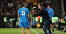 ADELAIDE, AUSTRALIA - DECEMBER 02: Joe Montemurro, Head Coach of the Matildas gives instructions to m12during the International Friendly match between Australia Matildas and New Zealand Football Ferns at Coopers Stadium on December 02, 2025 in Adelaide, Australia. (Photo by Maya Thompson/Getty Images)