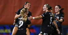 BRISBANE, AUSTRALIA - JANUARY 20: Holly McNamara of Melbourne City celebrates with team mates after scoring a goal from a penalty kick during the round eight A-League Women match between Brisbane Roar and Melbourne City at Imperial Corp Stadium, on January 20, 2026, in Brisbane, Australia. (Photo by Albert Perez/Getty Images)