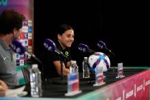 Sam Kerr addresses the media at the CommBank Matildas' Women's Asian Cup 2026 Pre-Match press conference v Philippines - Rachel Bach / By The White Line