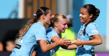 MELBOURNE, AUSTRALIA - FEBRUARY 08: Holly McNamara of the City celebrates scoring a goal during the round 16 A-League Women match between Melbourne City and Brisbane Roar at ctrl:cyber Pitch, on February 08, 2026, in Melbourne, Australia. (Photo by Josh Chadwick/Getty Images)