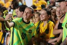 Emily van Egmond of Australia poses with fans during the International Friendly match between Australia Matildas and New Zealand Football Ferns at Polytec Stadium on November 28, 2025 in Gosford, Australia. (Photo by Scott Gardiner/Getty Images)