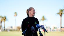 Clare Hunt addresses the media on behalf of the CommBank Matildas | 11 March 2026 | By The White Line / Rachel Bach