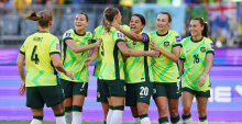 PERTH, AUSTRALIA - MARCH 01: Sam Kerr of Australia celebrates with teammates after scoring the teams first goal during the AFC Women's Asian Cup Australia 2026 match between Australia Matildas and Phillippines at Perth Stadium on March 01, 2026 in Perth, Australia. (Photo by Paul Kane/Getty Images)